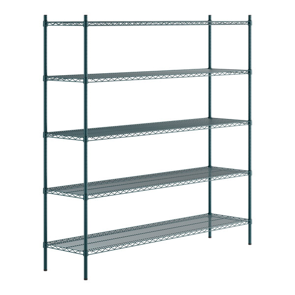 A green epoxy-coated five-shelf metal shelving unit with four tall posts.