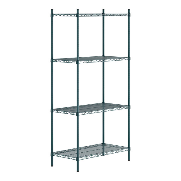 A green epoxy-coated four-shelf metal shelving unit with four tall posts.