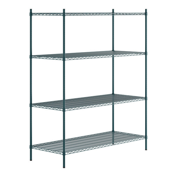 A green epoxy-coated four-shelf metal shelving unit with four vertical posts.