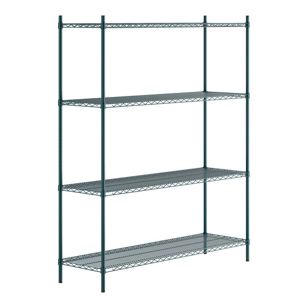 A green epoxy-coated four-shelf metal shelving unit with four tall posts.