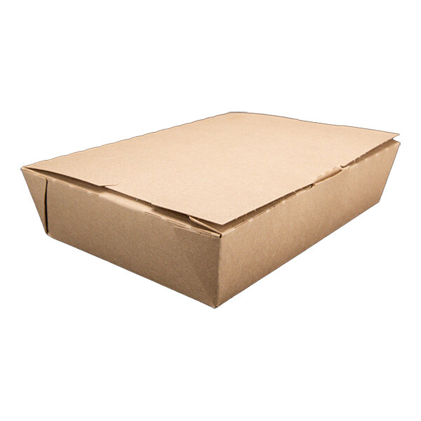 A close-up of a brown Southern Champion paper take-out box with a lid.