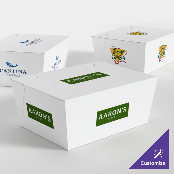 A set of customizable white microwaveable folded paper take-out containers with various restaurant logos printed on them.