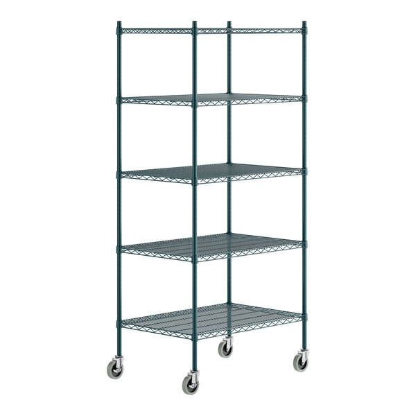 A green epoxy-coated five-shelf metal storage rack with casters.