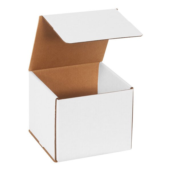 A white corrugated mailer with a tuck top lid.