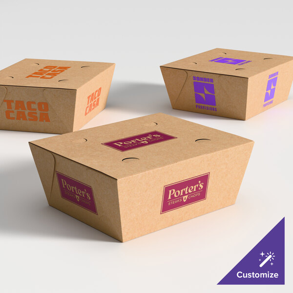 A group of cardboard boxes with purple and orange logos.