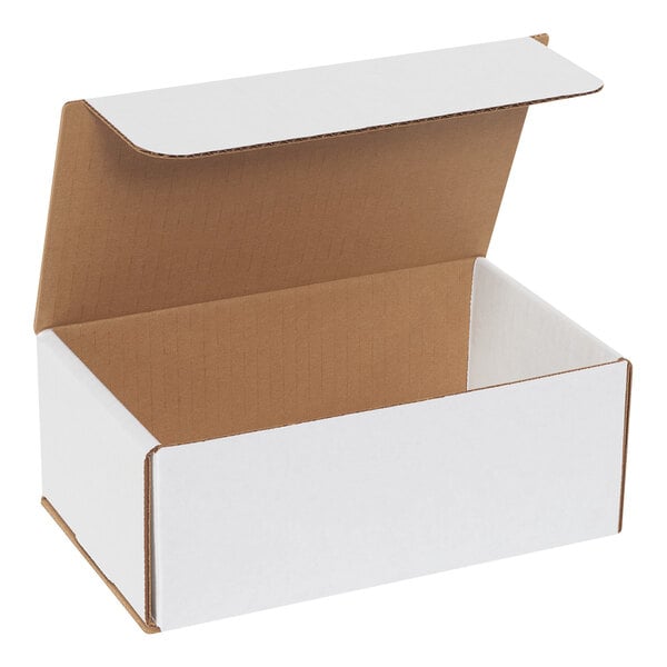 A white Lavex corrugated mailer box with the lid open.