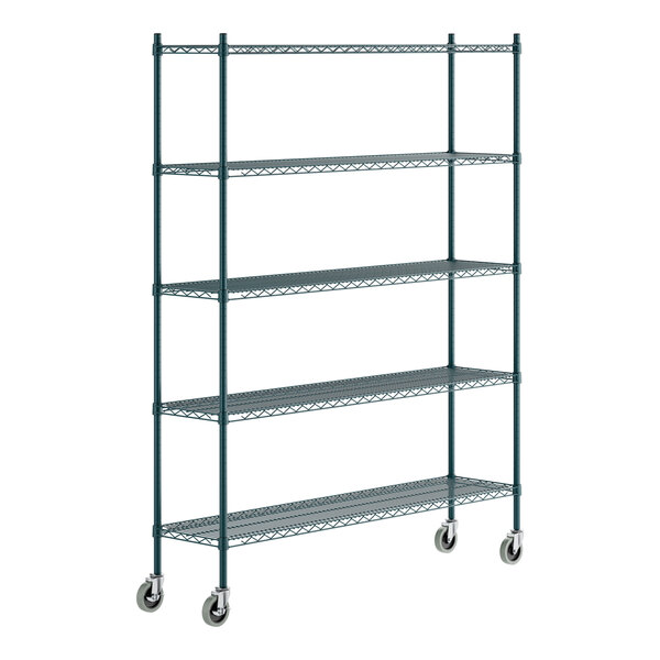 A green epoxy-coated five-shelf wire shelving unit with casters.