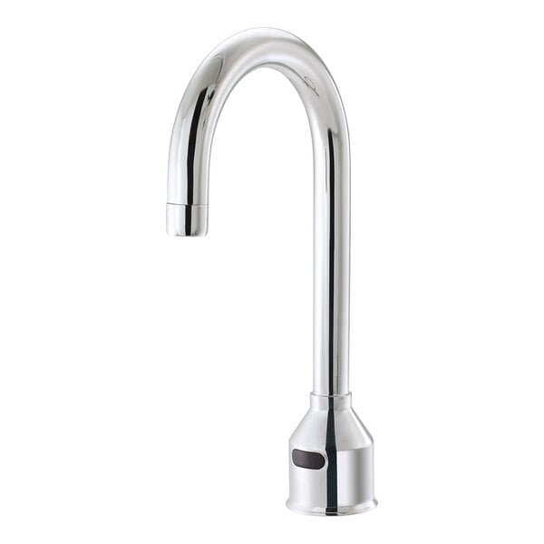 A close-up of a chrome Krowne Royal Series hands-free medical faucet with a long gooseneck spout.