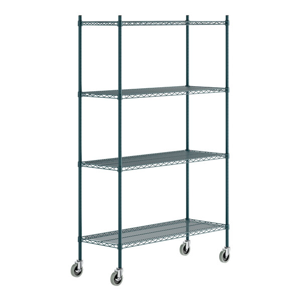 A green epoxy-coated four-shelf metal storage rack with wheels.