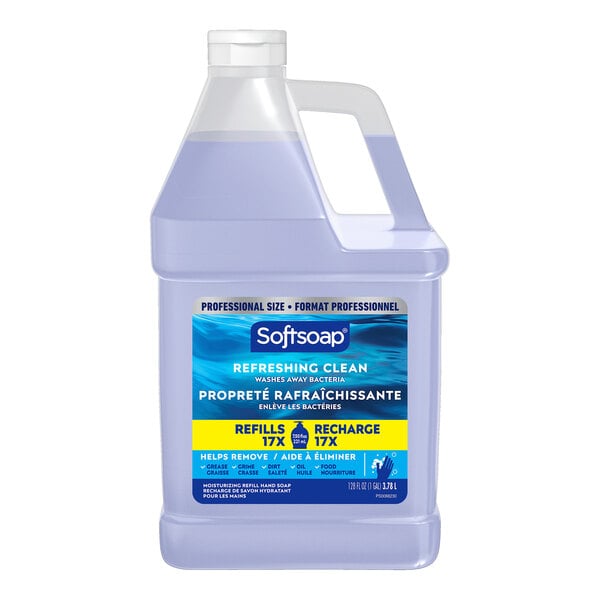 A plastic jug of Softsoap liquid hand soap with a label.