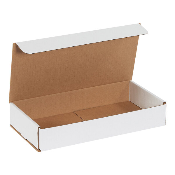 A white cardboard mailer box with a lid open.