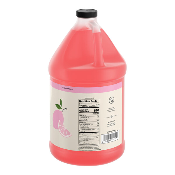 A one-gallon jug of Hometown Provisions pink lemonade beverage concentrate.
