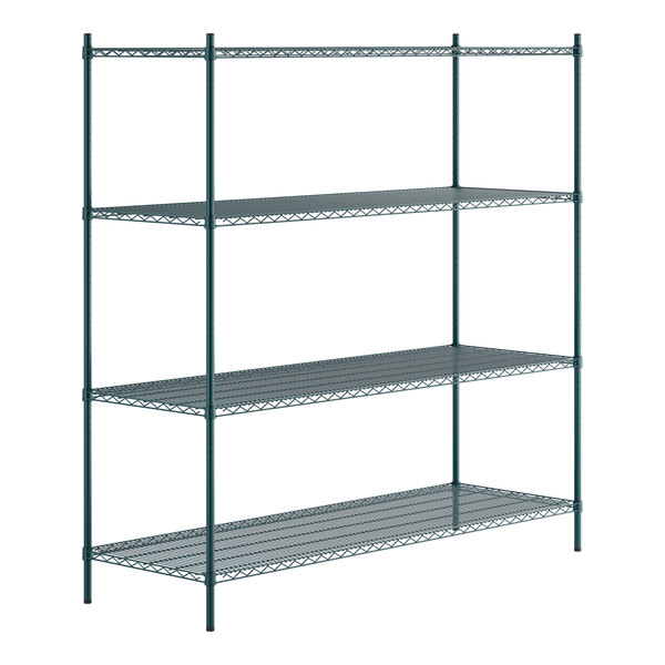 A green epoxy-coated metal shelving unit with four wire shelves and tall posts.