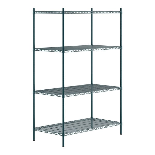A green epoxy-coated four-shelf metal shelving unit with four vertical posts.