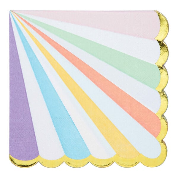 A pastel paper napkin with a gold scalloped edge and fan-shaped design in white, purple, and gold.