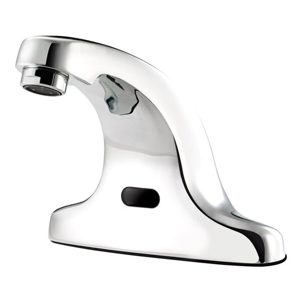 A close-up of a silver Krowne Royal Series hands-free sensor faucet with a black button.