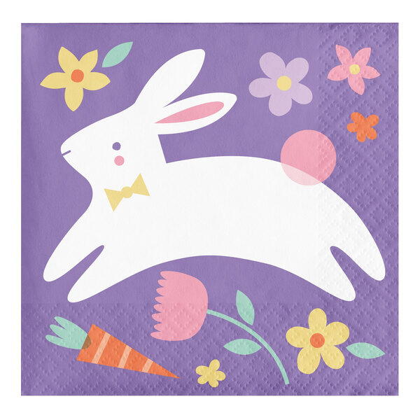 A white paper napkin with a rabbit and flowers in purple.