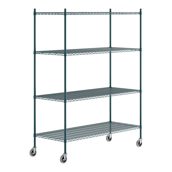 A green epoxy-coated four-shelf metal storage rack with casters and tall posts.