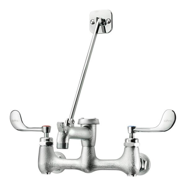 A silver Krowne Royal Series wall-mount faucet with wristblade handles and a service sink nozzle.