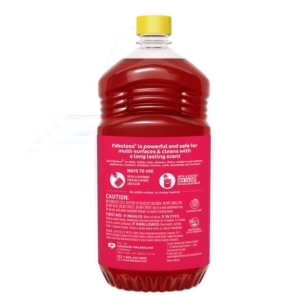 A yellow-capped container of Fabuloso multi-purpose cleaner with a citrus fruit label.