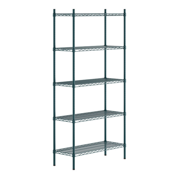 A green epoxy-coated metal shelving unit with five wire shelves and four tall posts.