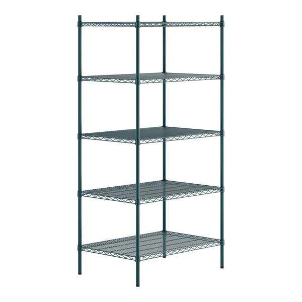 A green epoxy-coated metal shelving unit with five adjustable wire shelves and four tall posts.