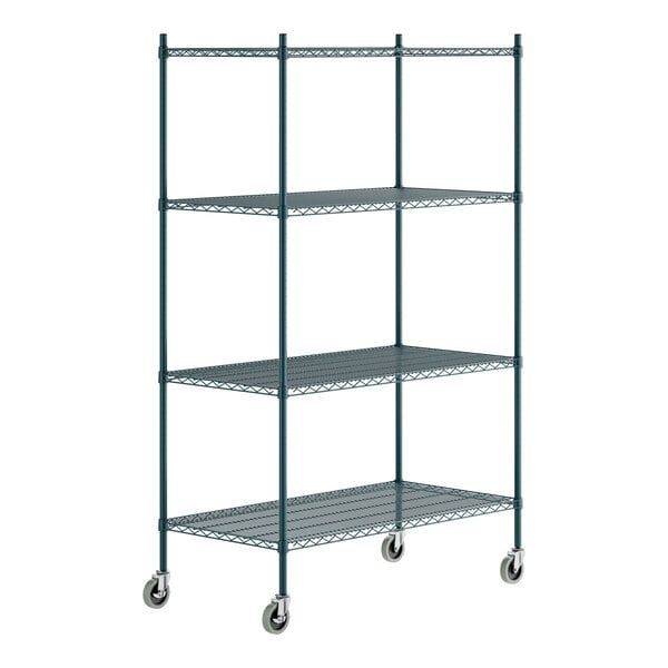 A green epoxy-coated four-shelf metal storage rack with casters and tall posts.