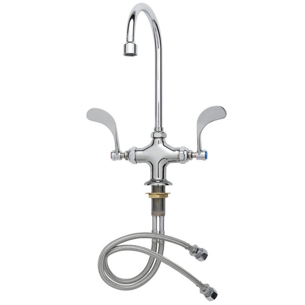 A T&S chrome deck-mounted faucet with a swivel gooseneck spout and wrist handles.