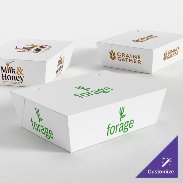 A set of customizable white microwaveable folded paper take-out containers with various printed logos.