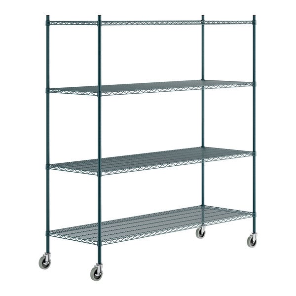 A green epoxy-coated metal shelving unit with four wire shelves, tall posts, and caster wheels.