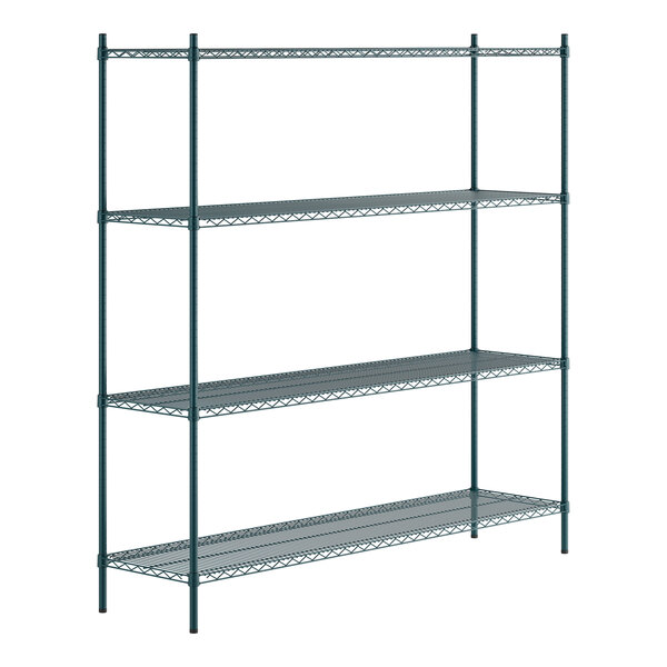 A green epoxy-coated four-shelf metal shelving unit with four tall posts.