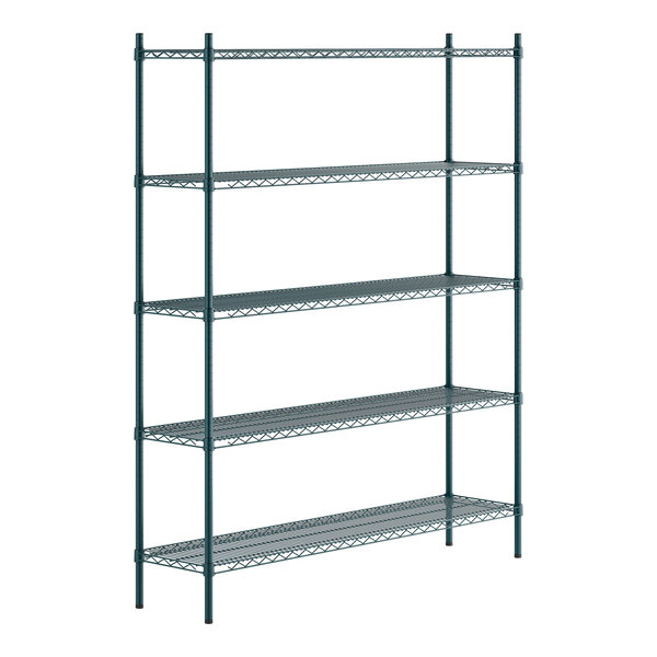 A green epoxy-coated five-shelf metal shelving unit with four vertical posts.