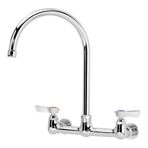 A Krowne wall-mount faucet with chrome finish and lever handles.