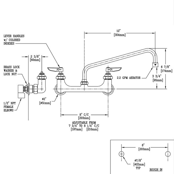 A diagram of a T&S wall mounted pantry faucet with a 12" swing nozzle.