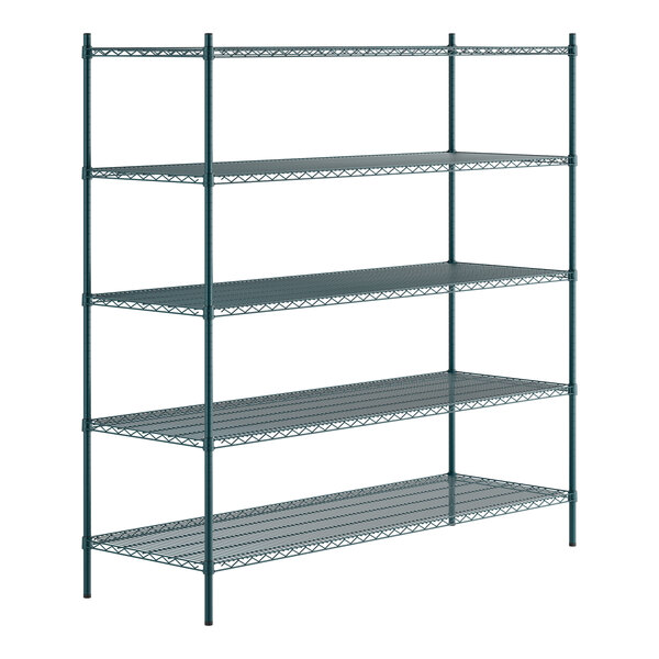 A green epoxy-coated metal shelving unit with five adjustable wire shelves and four tall posts.