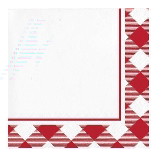 A red and white checkered napkin with a white border.