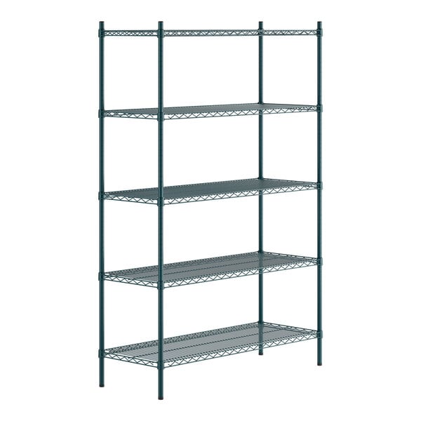 A green epoxy-coated metal shelving unit with five wire shelves and four tall posts.
