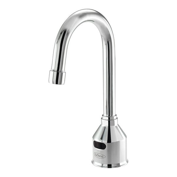 A close-up of a chrome Krowne Royal Series sensor faucet with a gooseneck spout.