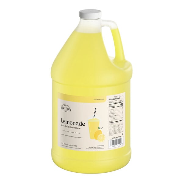 A one-gallon jug of Hometown Provisions Lemonade Slushy 5:1 Concentrate.
