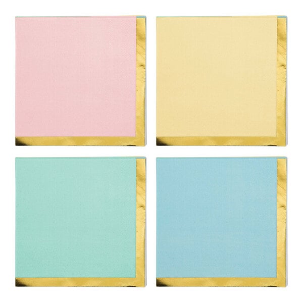 A group of Creative Converting square paper beverage napkins in pink, blue, and yellow with gold trim.
