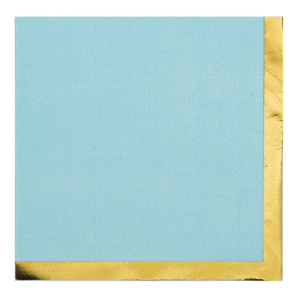 A pastel blue square paper napkin with a gold border.