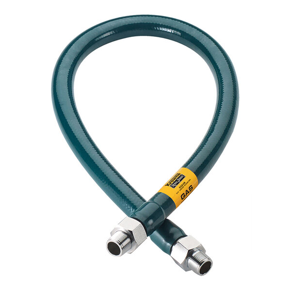 A green Krowne gas connector hose with two metal fittings and a yellow label.