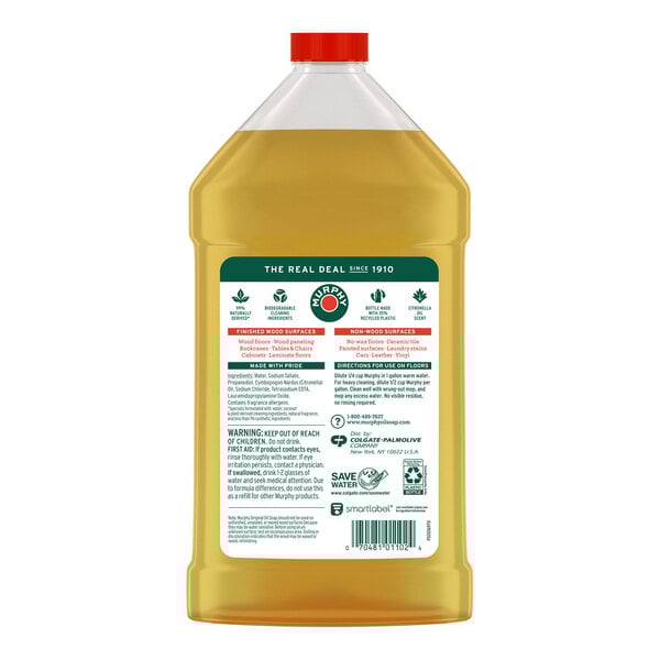 A bottle of Murphy Oil Soap wood cleaner with a red cap and label.