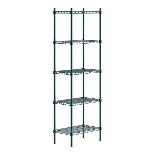 A green epoxy-coated metal shelving unit with five wire shelves and four tall posts.