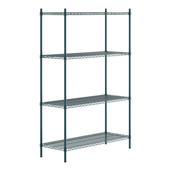 A green epoxy-coated four-shelf metal shelving unit with four vertical posts.