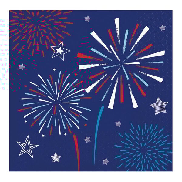 A blue background with red, white, and blue fireworks and a white starburst and star.