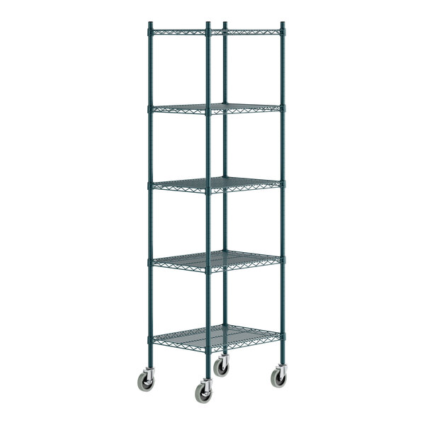 A green epoxy-coated five-shelf metal storage rack with casters and tall posts.