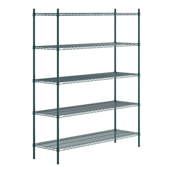 A green epoxy-coated five-shelf metal shelving unit with four vertical posts.