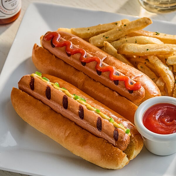 A Beleaf plant-based hot dog with mustard and ketchup on a plate.