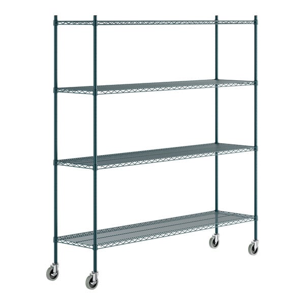 A green epoxy-coated four-shelf metal shelving unit with casters for mobility.